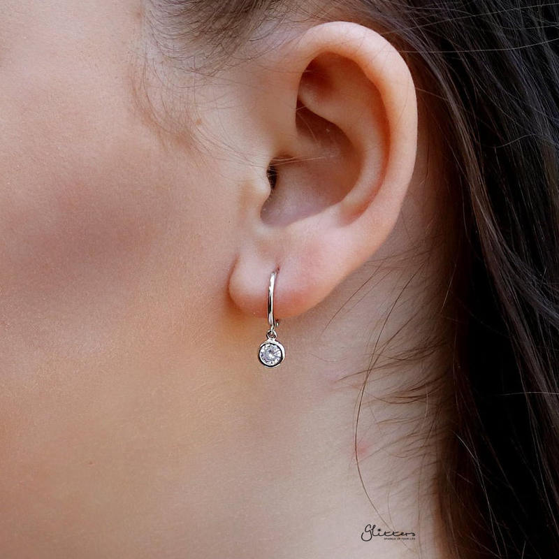 Sterling Silver Huggie Hoop Earrings with Dangle Round CZ - Silver-Cubic Zirconia, earrings, Hoop Earrings, Jewellery, Women's Earrings, Women's Jewellery-sse0401-sm_800-Glitters
