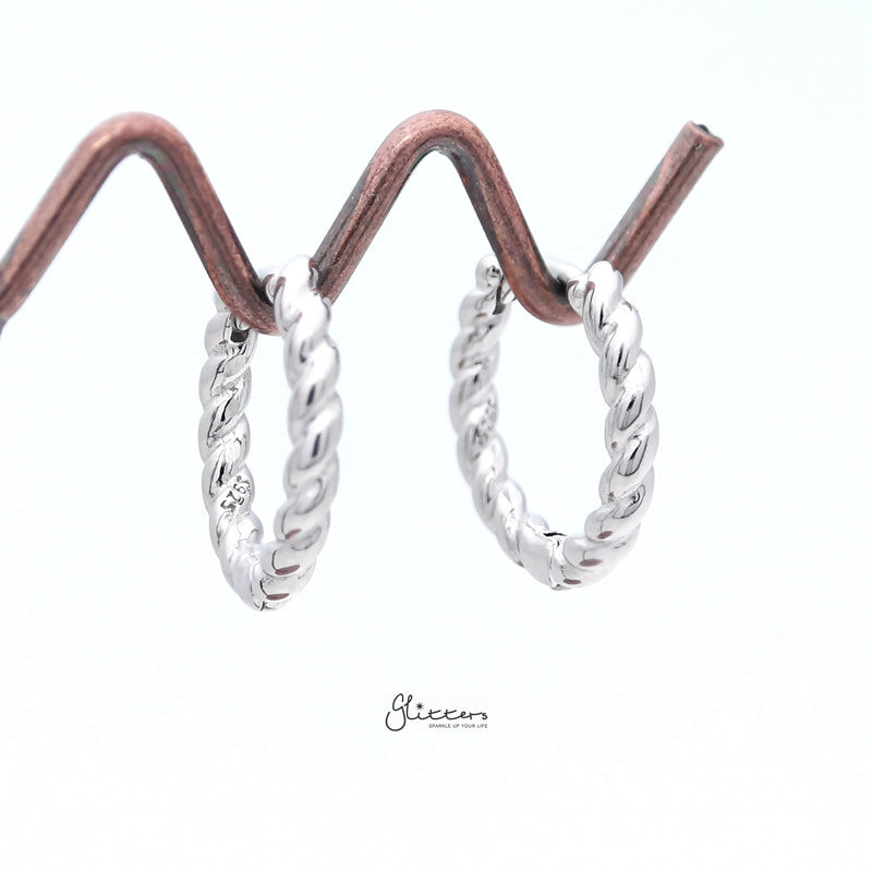 Sterling Silver Twist Rope One-Touch Huggie Hoop Earrings