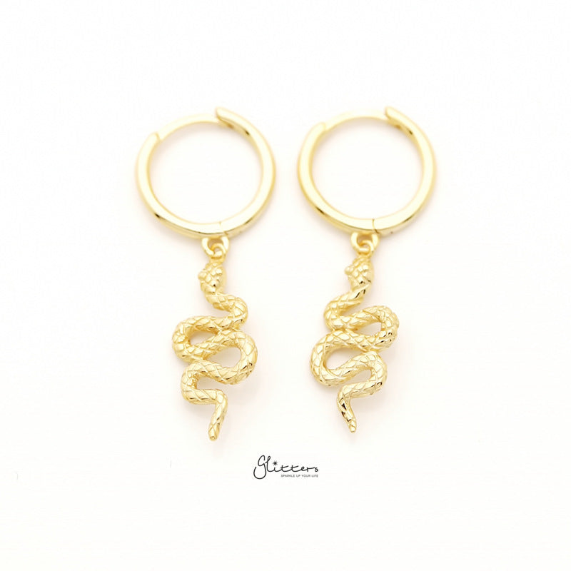 Sterling Silver Huggie Hoop Earrings with Dangle Snake - Gold-earrings, Hoop Earrings, Jewellery, Women's Earrings, Women's Jewellery-sse0403-G-1_800-Glitters