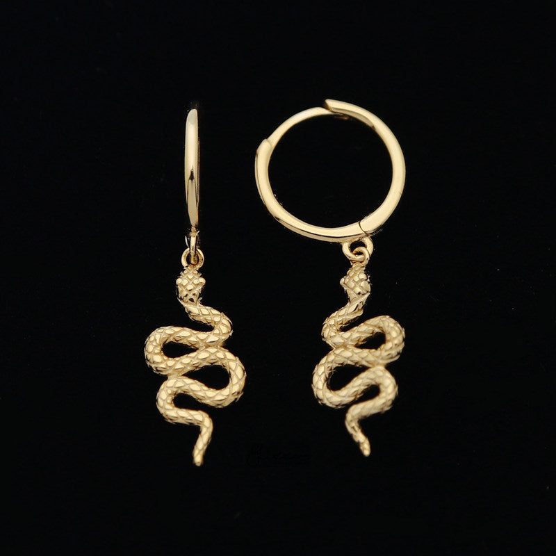 Sterling Silver Huggie Hoop Earrings with Dangle Snake - Gold-earrings, Hoop Earrings, Jewellery, Women's Earrings, Women's Jewellery-sse0403-G-2_800-Glitters