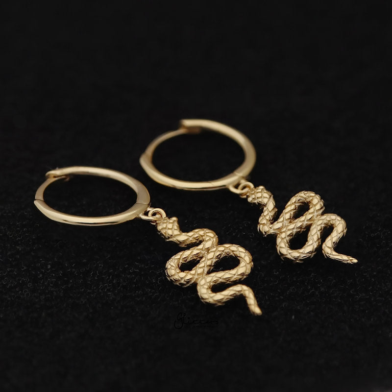 Sterling Silver Huggie Hoop Earrings with Dangle Snake - Gold-earrings, Hoop Earrings, Jewellery, Women's Earrings, Women's Jewellery-sse0403-G-3_800-Glitters
