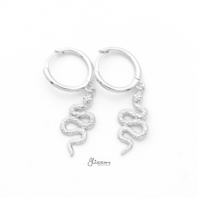 Sterling Silver Huggie Hoop Earrings with Dangle Snake - Silver-earrings, Hoop Earrings, Jewellery, Women's Earrings, Women's Jewellery-sse0403-S-1_800-Glitters
