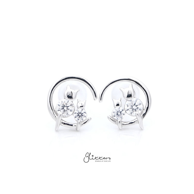 Sterling Silver Crescent Moon with CZ Cats Stud Earrings - Silver-Cubic Zirconia, earrings, Jewellery, Stud Earrings, Women's Earrings, Women's Jewellery-sse0404-s-1_800-Glitters