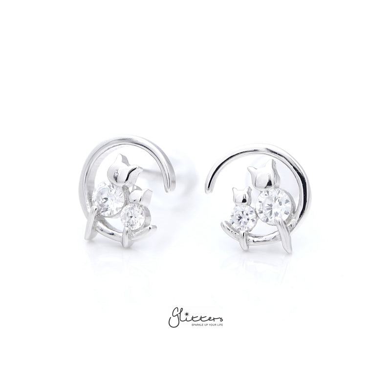 Sterling Silver Crescent Moon with CZ Cats Stud Earrings - Silver-Cubic Zirconia, earrings, Jewellery, Stud Earrings, Women's Earrings, Women's Jewellery-sse0404-s-2_800-Glitters