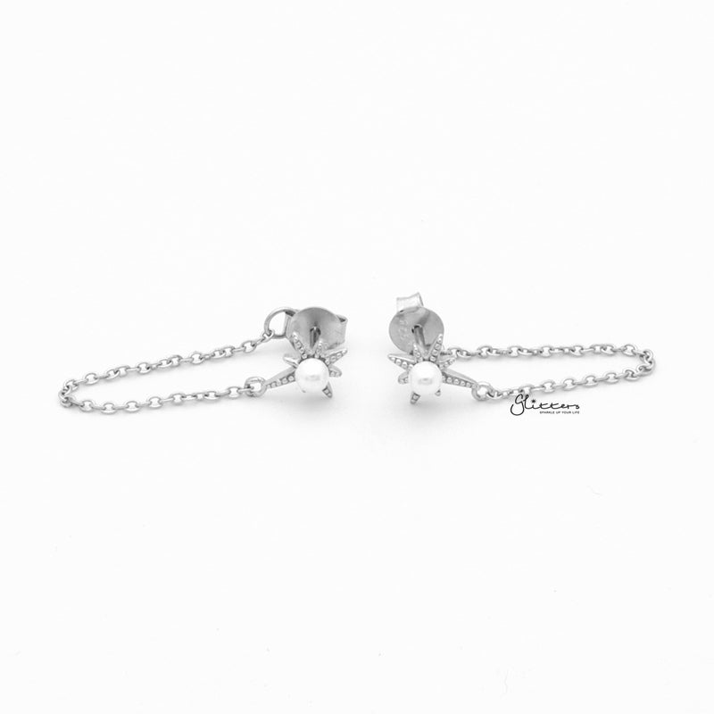 Sterling Silver Star and Pearl Chain Stud Earrings - Silver-Chain Earring, earrings, Jewellery, Stud Earrings, Women's Earrings, Women's Jewellery-sse0411-s1_1-Glitters