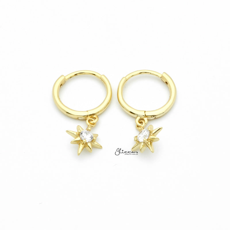 Sterling Silver Huggie Hoop Earrings with Dangle Star - Gold-Cubic Zirconia, earrings, Hoop Earrings, Jewellery, Women's Earrings, Women's Jewellery-sse0412-g1_1-Glitters