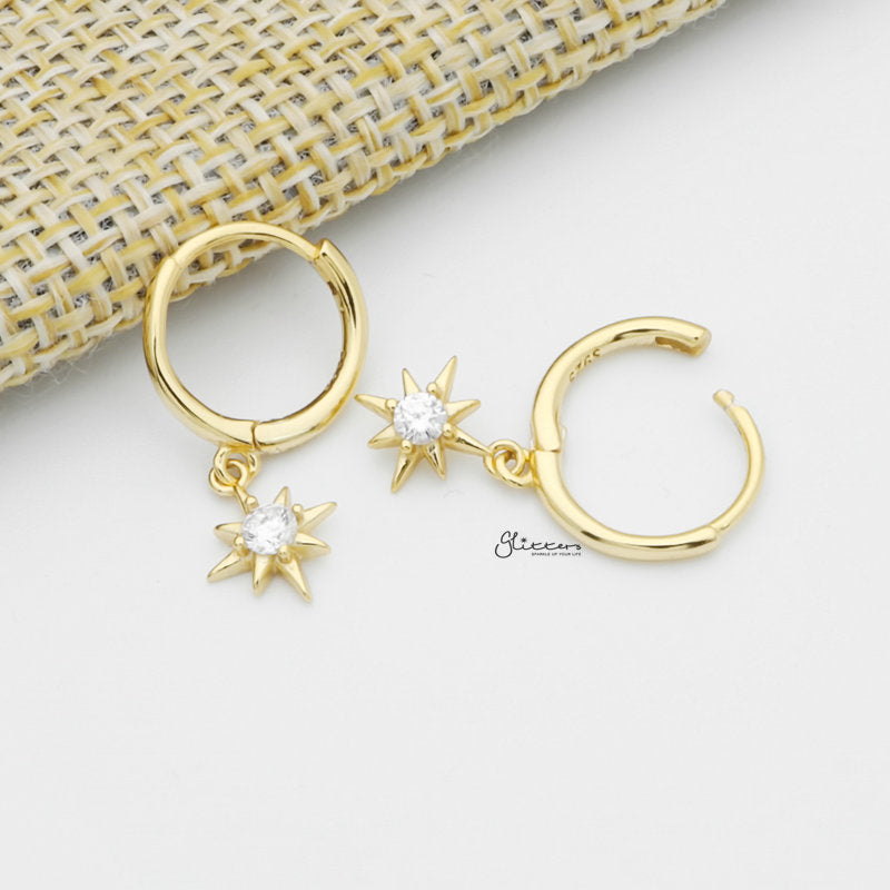 Sterling Silver Huggie Hoop Earrings with Dangle Star - Gold-Cubic Zirconia, earrings, Hoop Earrings, Jewellery, Women's Earrings, Women's Jewellery-sse0412-g2_1-Glitters