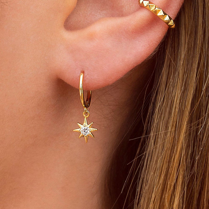 Sterling Silver Huggie Hoop Earrings with Dangle Star - Gold-Cubic Zirconia, earrings, Hoop Earrings, Jewellery, Women's Earrings, Women's Jewellery-sse0412-g4-Glitters