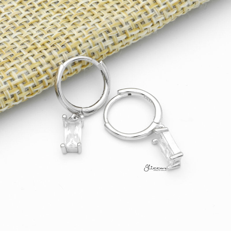 Sterling Silver Huggie Hoop Earrings with Dangle Baguette CZ - Silver-Cubic Zirconia, earrings, Hoop Earrings, Jewellery, Women's Earrings, Women's Jewellery-sse0413-S3_1-Glitters