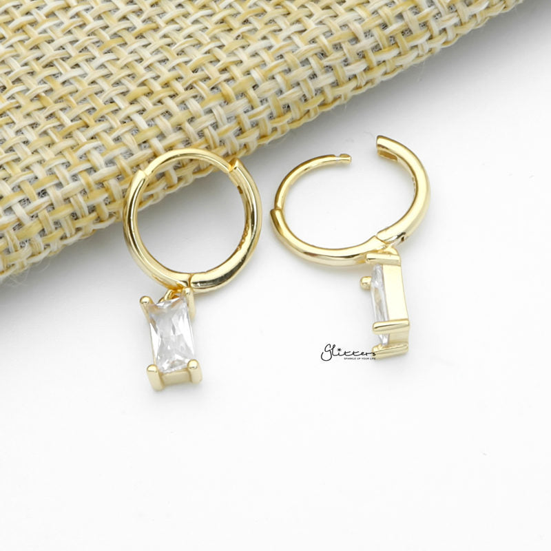 Sterling Silver Huggie Hoop Earrings with Dangle Baguette CZ - Gold-Cubic Zirconia, earrings, Hoop Earrings, Jewellery, Women's Earrings, Women's Jewellery-sse0413-g2_1-Glitters