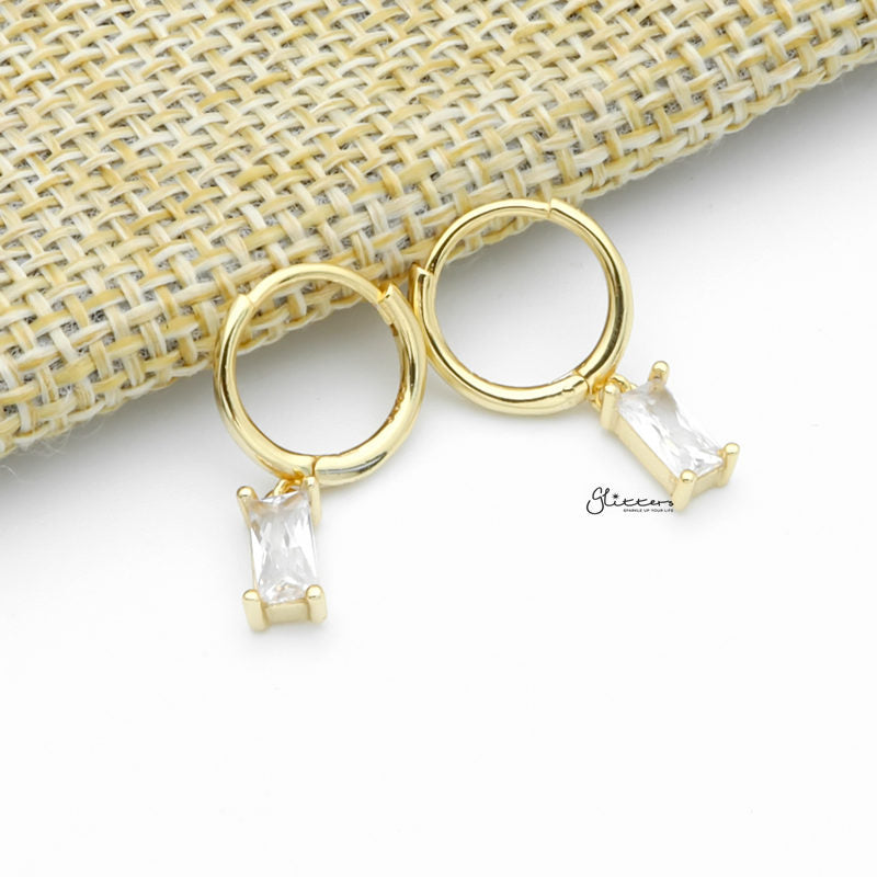 Sterling Silver Huggie Hoop Earrings with Dangle Baguette CZ - Gold-Cubic Zirconia, earrings, Hoop Earrings, Jewellery, Women's Earrings, Women's Jewellery-sse0413-g3_1-Glitters