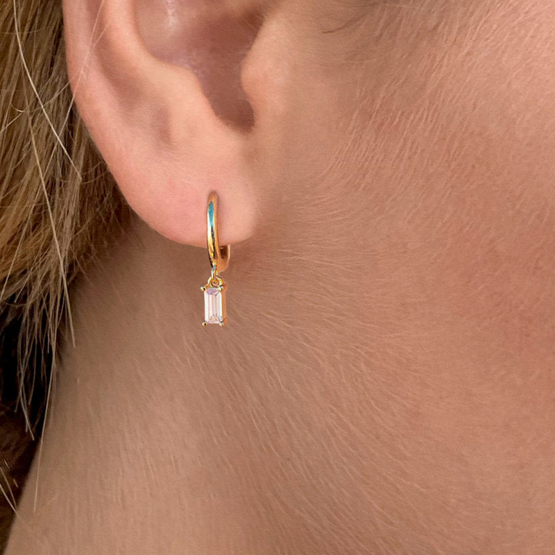 Sterling Silver Huggie Hoop Earrings with Dangle Baguette CZ - Silver-Cubic Zirconia, earrings, Hoop Earrings, Jewellery, Women's Earrings, Women's Jewellery-sse0413-m2-Glitters