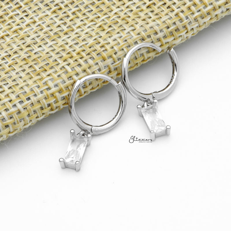 Sterling Silver Huggie Hoop Earrings with Dangle Baguette CZ - Silver-Cubic Zirconia, earrings, Hoop Earrings, Jewellery, Women's Earrings, Women's Jewellery-sse0413-s2_1-Glitters