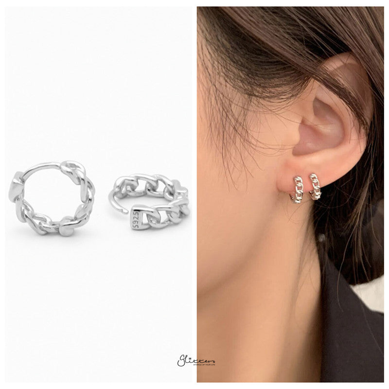 Chain Link One-Touch Huggie Hoop Earrings - Silver-earrings, Hoop Earrings, Jewellery, Women's Earrings, Women's Jewellery-sse0414-SM-Glitters