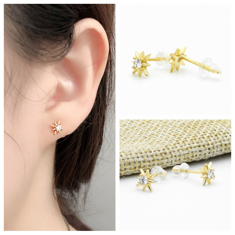 Sterling Silver CZ Star Stud Earrings - Gold-Cubic Zirconia, earrings, Jewellery, Stud Earrings, Women's Earrings, Women's Jewellery-sse0415-g4-Glitters