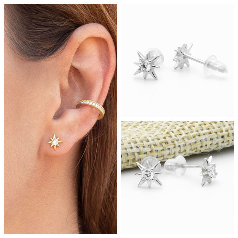Sterling Silver CZ Star Stud Earrings - Silver-Cubic Zirconia, earrings, Jewellery, Stud Earrings, Women's Earrings, Women's Jewellery-sse0415-s4-Glitters