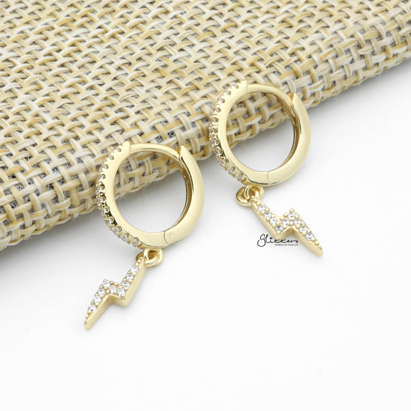 CZ Paved Huggie Hoop Earrings with Dangle Lightning Bolt - Gold-Cubic Zirconia, earrings, Hoop Earrings, Jewellery, Women's Earrings, Women's Jewellery-1-Glitters