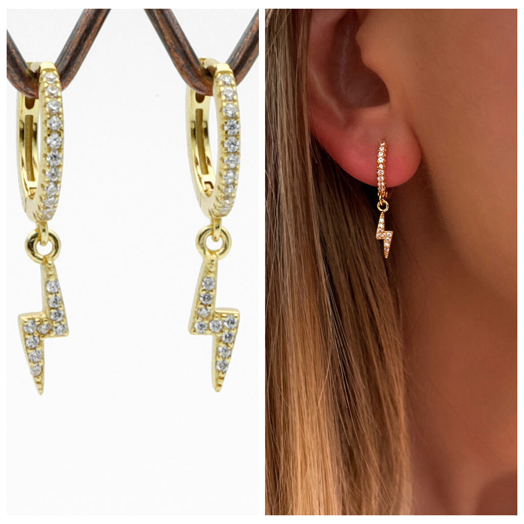 CZ Paved Huggie Hoop Earrings with Dangle Lightning Bolt - Gold-Cubic Zirconia, earrings, Hoop Earrings, Jewellery, Women's Earrings, Women's Jewellery-sse0416-g3-Glitters