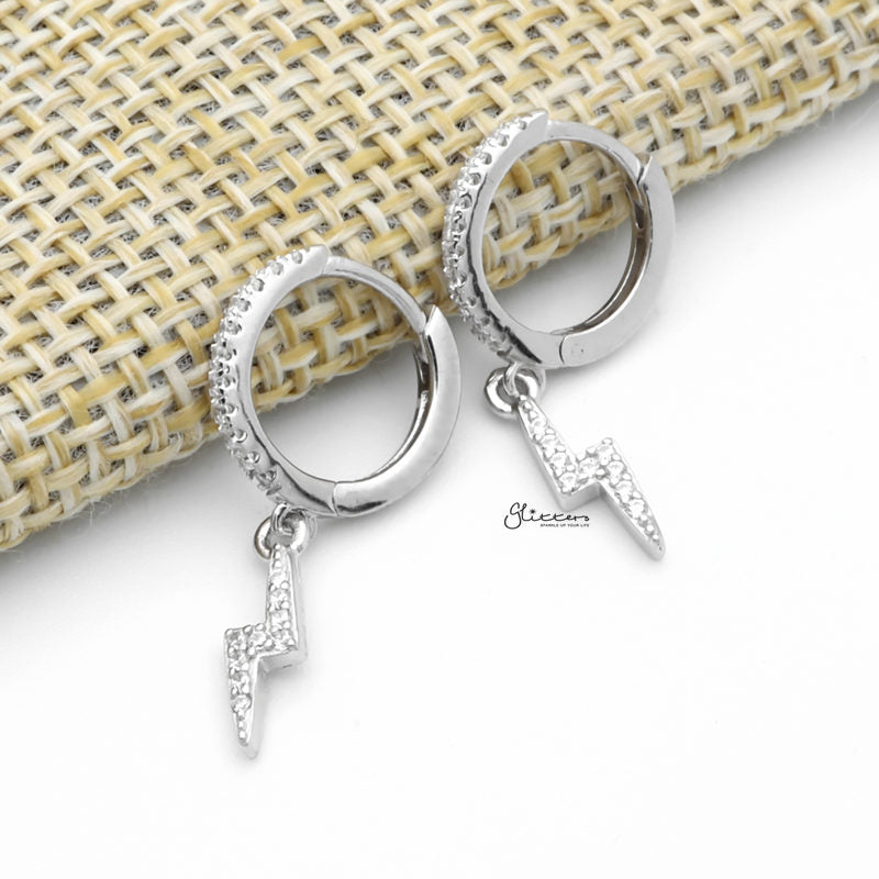 CZ Paved Huggie Hoop Earrings with Dangle Lightning Bolt - Silver-Cubic Zirconia, earrings, Hoop Earrings, Jewellery, Women's Earrings, Women's Jewellery-sse0416-s2_1-Glitters
