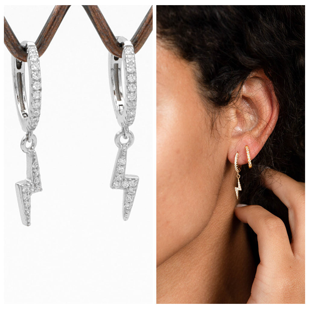 CZ Paved Huggie Hoop Earrings with Dangle Lightning Bolt - Silver-Cubic Zirconia, earrings, Hoop Earrings, Jewellery, Women's Earrings, Women's Jewellery-sse0416-s3-Glitters