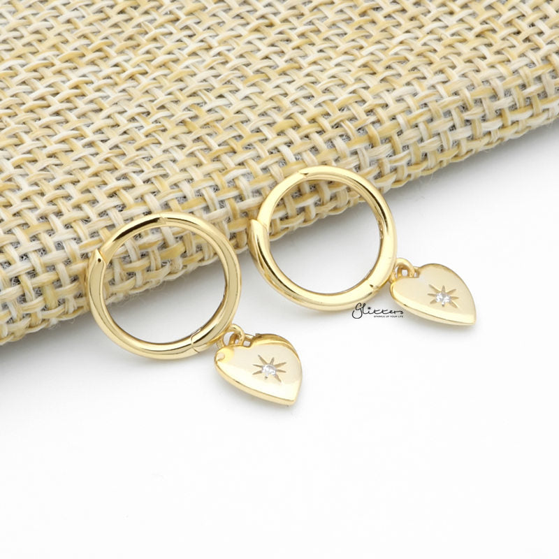 Sterling Silver Huggie Hoop Earrings with Dangle Heart - Gold-Cubic Zirconia, earrings, Hoop Earrings, Jewellery, Women's Earrings, Women's Jewellery-sse0417-g2_1-Glitters