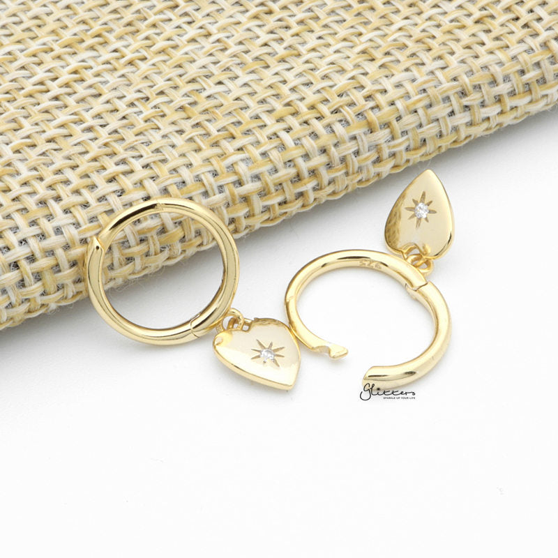 Sterling Silver Huggie Hoop Earrings with Dangle Heart - Gold-Cubic Zirconia, earrings, Hoop Earrings, Jewellery, Women's Earrings, Women's Jewellery-sse0417-g3_1-Glitters
