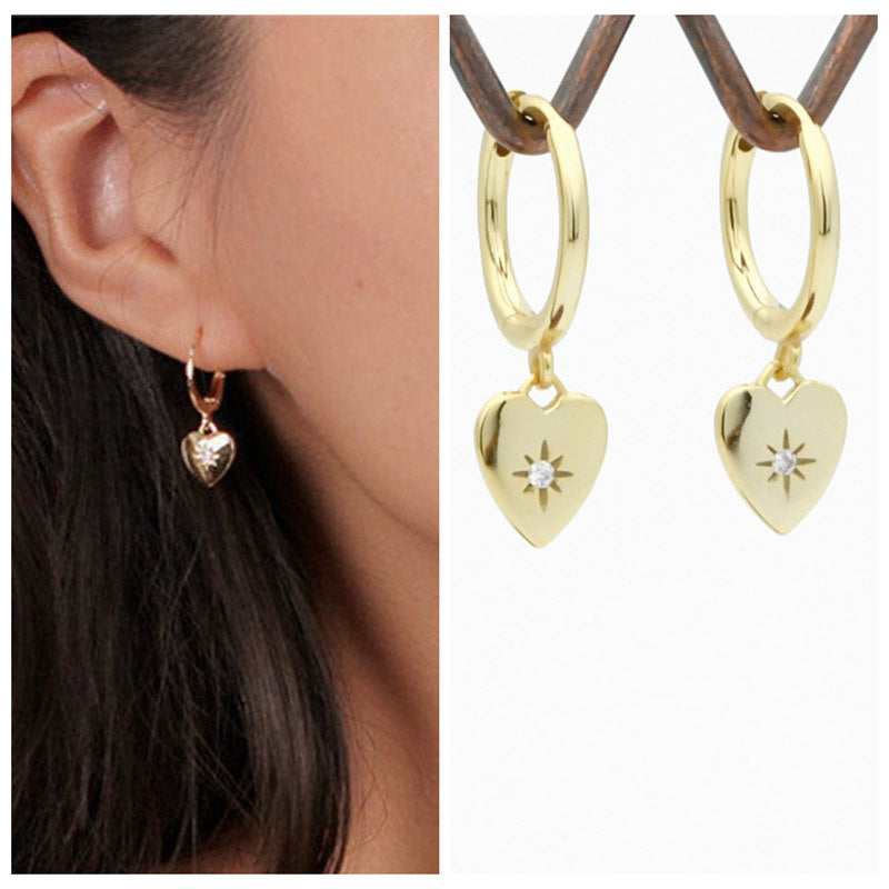 Sterling Silver Huggie Hoop Earrings with Dangle Heart - Gold-Cubic Zirconia, earrings, Hoop Earrings, Jewellery, Women's Earrings, Women's Jewellery-sse0417-g4-Glitters