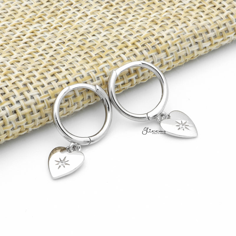 Sterling Silver Huggie Hoop Earrings with Dangle Heart - Silver-Cubic Zirconia, earrings, Hoop Earrings, Jewellery, Women's Earrings, Women's Jewellery-sse0417-s2_1-Glitters