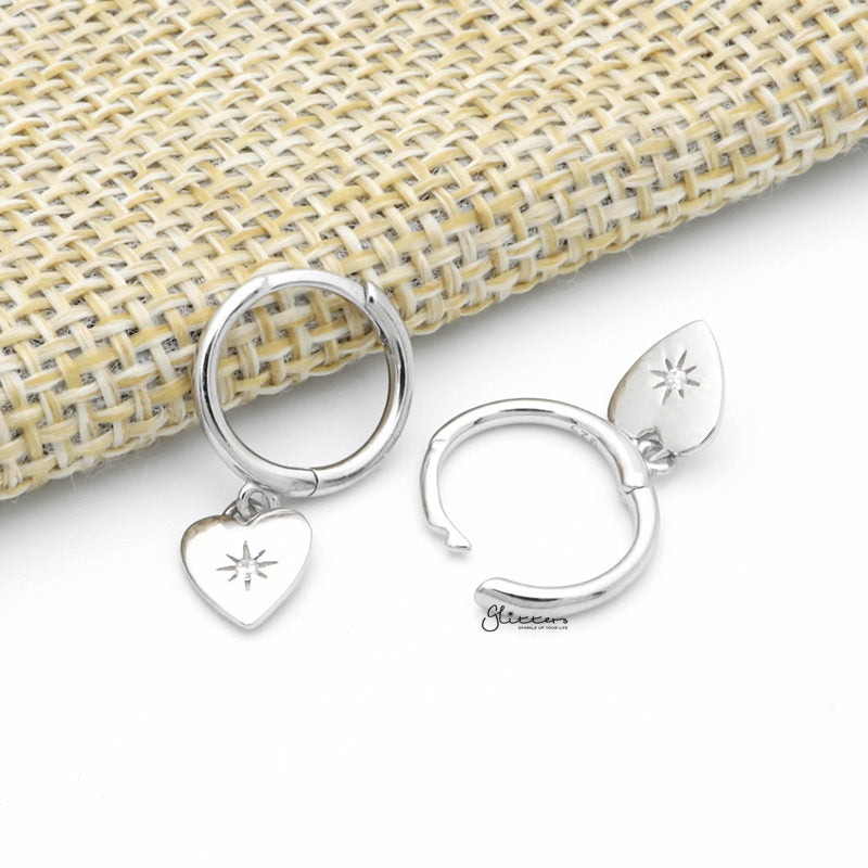 Sterling Silver Huggie Hoop Earrings with Dangle Heart - Silver-Cubic Zirconia, earrings, Hoop Earrings, Jewellery, Women's Earrings, Women's Jewellery-sse0417-s3_1-Glitters
