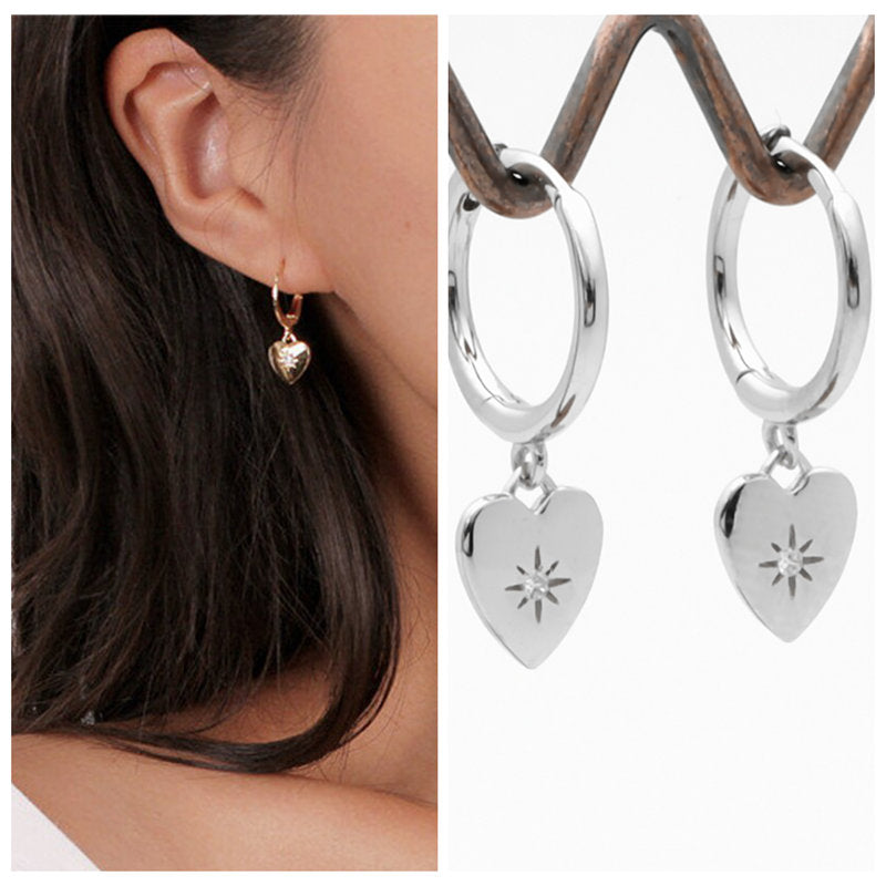 Sterling Silver Huggie Hoop Earrings with Dangle Heart - Silver-Cubic Zirconia, earrings, Hoop Earrings, Jewellery, Women's Earrings, Women's Jewellery-sse0417-s4-Glitters
