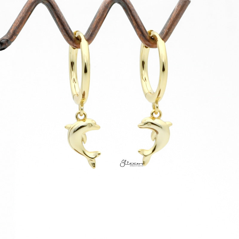 Sterling Silver Huggie Hoop Earrings with Dangle Dolphin - Gold-Cubic Zirconia, earrings, Hoop Earrings, Jewellery, Women's Earrings, Women's Jewellery-sse0418-g1_1-Glitters