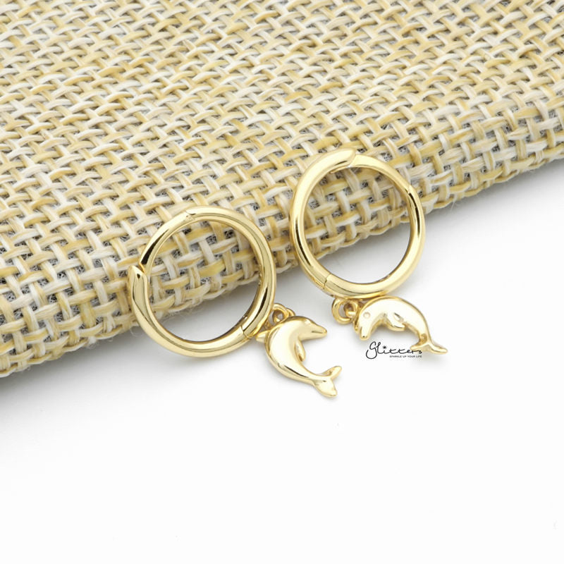 Sterling Silver Huggie Hoop Earrings with Dangle Dolphin - Gold-Cubic Zirconia, earrings, Hoop Earrings, Jewellery, Women's Earrings, Women's Jewellery-sse0418-g2_1-Glitters