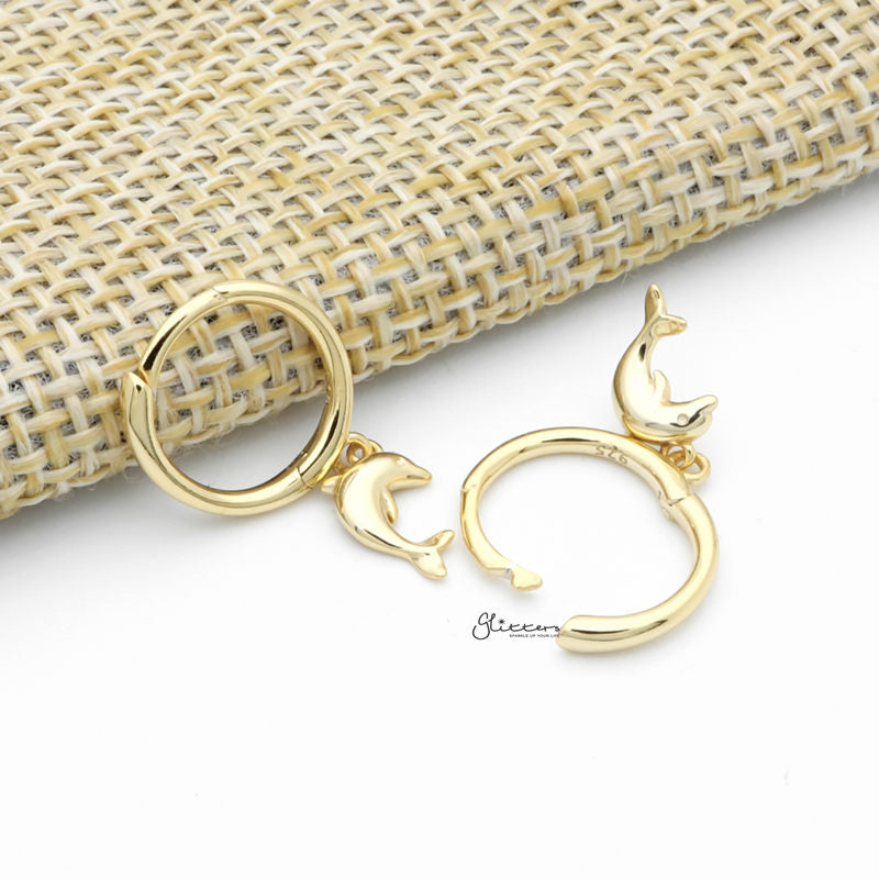 Sterling Silver Huggie Hoop Earrings with Dangle Dolphin - Gold-Cubic Zirconia, earrings, Hoop Earrings, Jewellery, Women's Earrings, Women's Jewellery-sse0418-g3_1-Glitters