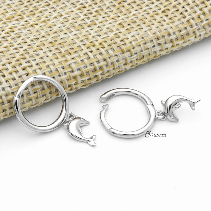 Sterling Silver Huggie Hoop Earrings with Dangle Dolphin - Silver-Cubic Zirconia, earrings, Hoop Earrings, Jewellery, Women's Earrings, Women's Jewellery-sse0418-s3_1-Glitters