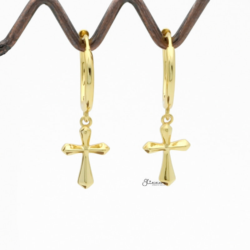 Sterling Silver Huggie Hoop Earrings with Dangle Cross - Gold-Cubic Zirconia, earrings, Hoop Earrings, Jewellery, Women's Earrings, Women's Jewellery-sse0419-g1_1-Glitters