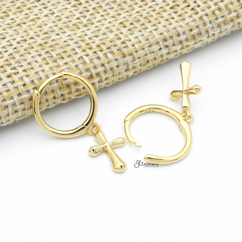 Sterling Silver Huggie Hoop Earrings with Dangle Cross - Gold-Cubic Zirconia, earrings, Hoop Earrings, Jewellery, Women's Earrings, Women's Jewellery-sse0419-g3_1-Glitters