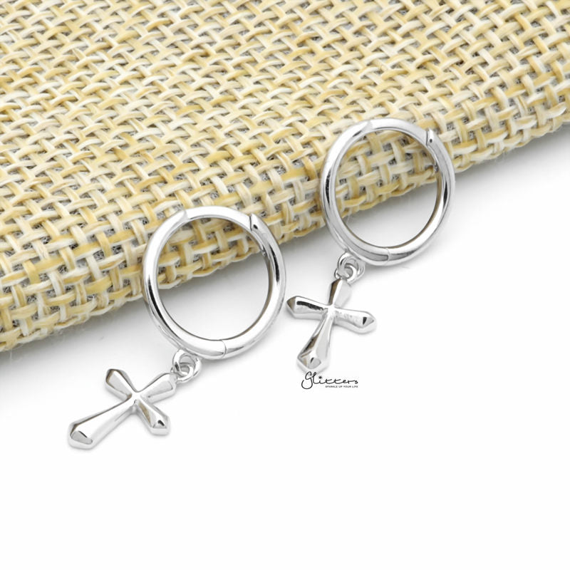 Sterling Silver Huggie Hoop Earrings with Dangle Cross - Silver-Cubic Zirconia, earrings, Hoop Earrings, Jewellery, Women's Earrings, Women's Jewellery-sse0419-s2_1-Glitters