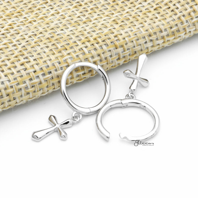 Sterling Silver Huggie Hoop Earrings with Dangle Cross - Silver-Cubic Zirconia, earrings, Hoop Earrings, Jewellery, Women's Earrings, Women's Jewellery-sse0419-s3_1-Glitters