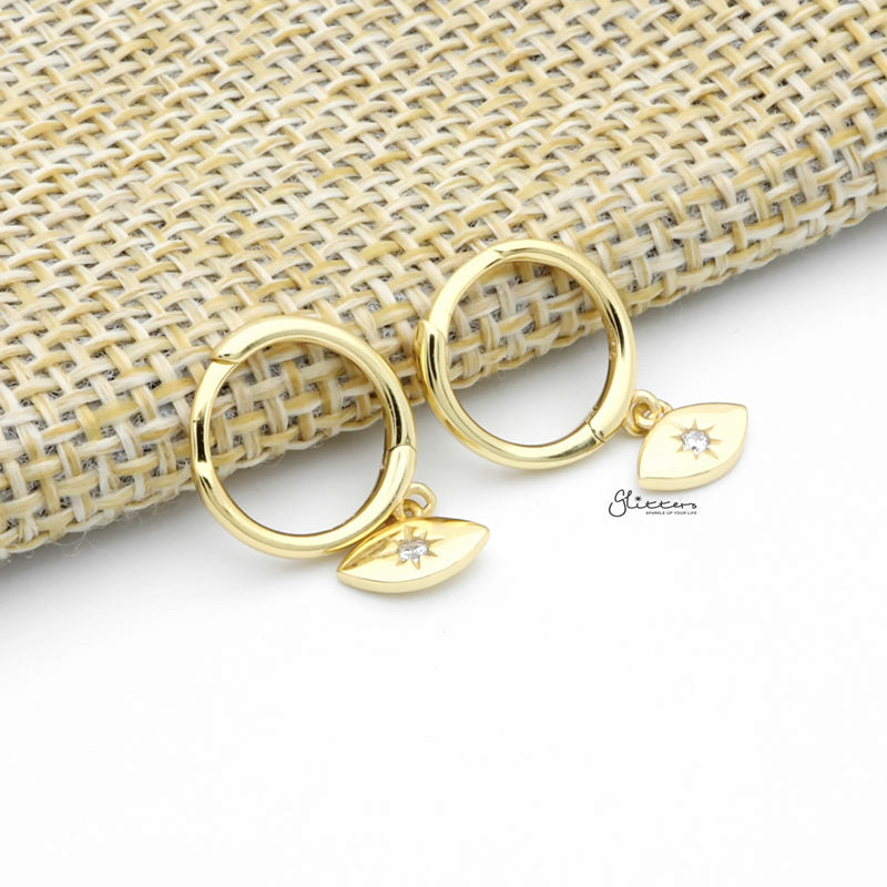 Sterling Silver CZ Eye Shaped Charm Huggie Hoop Earrings - Gold-Cubic Zirconia, earrings, Hoop Earrings, Jewellery, Women's Earrings, Women's Jewellery-sse0420-g2_1-Glitters