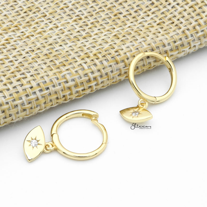 Sterling Silver CZ Eye Shaped Charm Huggie Hoop Earrings - Gold-Cubic Zirconia, earrings, Hoop Earrings, Jewellery, Women's Earrings, Women's Jewellery-sse0420-g3_1-Glitters