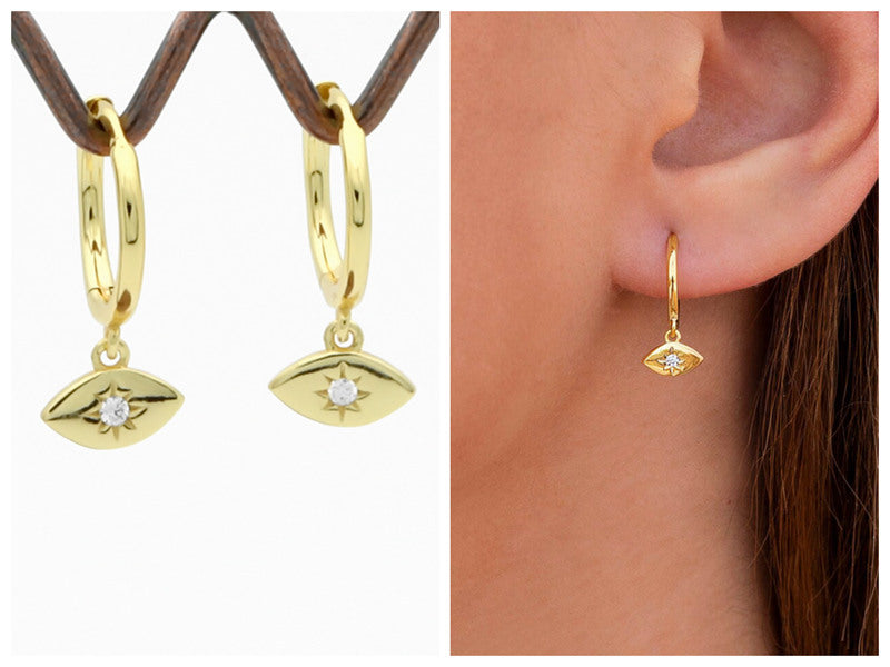 Sterling Silver CZ Eye Shaped Charm Huggie Hoop Earrings - Gold-Cubic Zirconia, earrings, Hoop Earrings, Jewellery, Women's Earrings, Women's Jewellery-sse0420-g4-Glitters