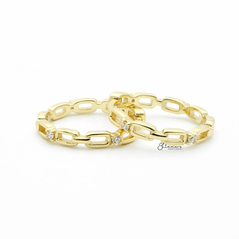 Sterling Silver Chain Link One-Touch Huggie Hoop Earrings - Gold-Cubic Zirconia, earrings, Hoop Earrings, Jewellery, Women's Earrings, Women's Jewellery-sse0422-g1_1-Glitters