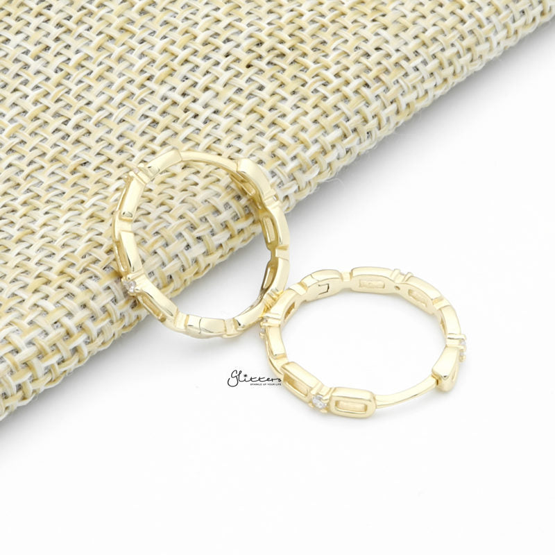 Sterling Silver Chain Link One-Touch Huggie Hoop Earrings - Gold-Cubic Zirconia, earrings, Hoop Earrings, Jewellery, Women's Earrings, Women's Jewellery-sse0422-g2_1-Glitters