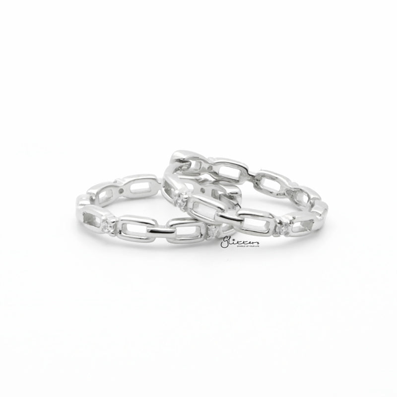 Sterling Silver Chain Link One-Touch Huggie Hoop Earrings - Silver-Cubic Zirconia, earrings, Hoop Earrings, Jewellery, Women's Earrings, Women's Jewellery-sse0422-s1_1-Glitters