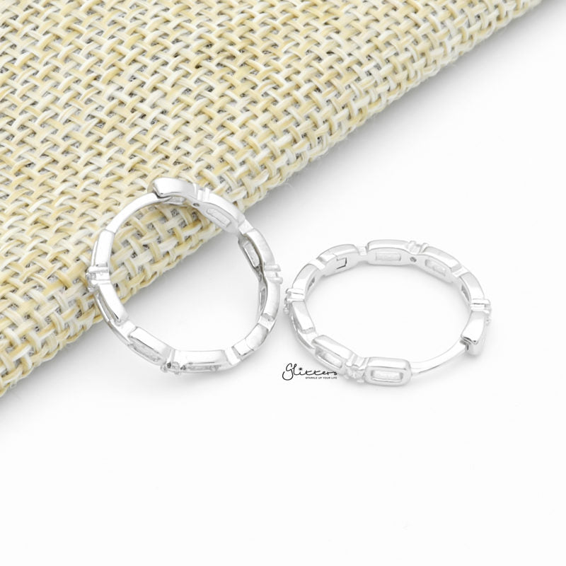 Sterling Silver Chain Link One-Touch Huggie Hoop Earrings - Silver-Cubic Zirconia, earrings, Hoop Earrings, Jewellery, Women's Earrings, Women's Jewellery-sse0422-s3_1-Glitters