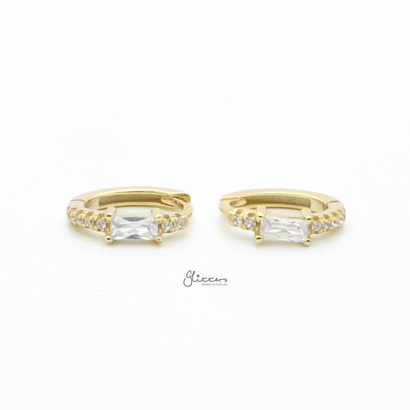 Sterling Silver Baguette CZ One-Touch Huggie Hoop Earrings - Gold-Cubic Zirconia, earrings, Hoop Earrings, Jewellery, Women's Earrings, Women's Jewellery-sse0425-g1_800-Glitters