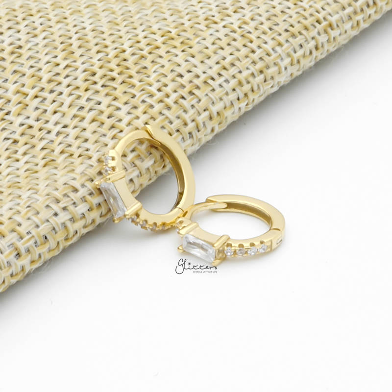 Sterling Silver Baguette CZ One-Touch Huggie Hoop Earrings - Gold-Cubic Zirconia, earrings, Hoop Earrings, Jewellery, Women's Earrings, Women's Jewellery-sse0425-g2_800-Glitters