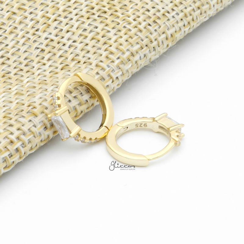 Sterling Silver Baguette CZ One-Touch Huggie Hoop Earrings - Gold-Cubic Zirconia, earrings, Hoop Earrings, Jewellery, Women's Earrings, Women's Jewellery-sse0425-g4_800-Glitters