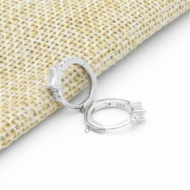 Sterling Silver Baguette CZ One-Touch Huggie Hoop Earrings - Silver-Cubic Zirconia, earrings, Hoop Earrings, Jewellery, Women's Earrings, Women's Jewellery-sse0425-s3_800-Glitters