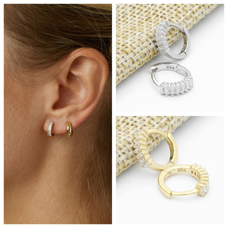 Baguette Cut CZ Huggie Hoop Earrings - Silver-Cubic Zirconia, earrings, Hoop Earrings, Jewellery, Women's Earrings, Women's Jewellery-sse0426-M-Glitters
